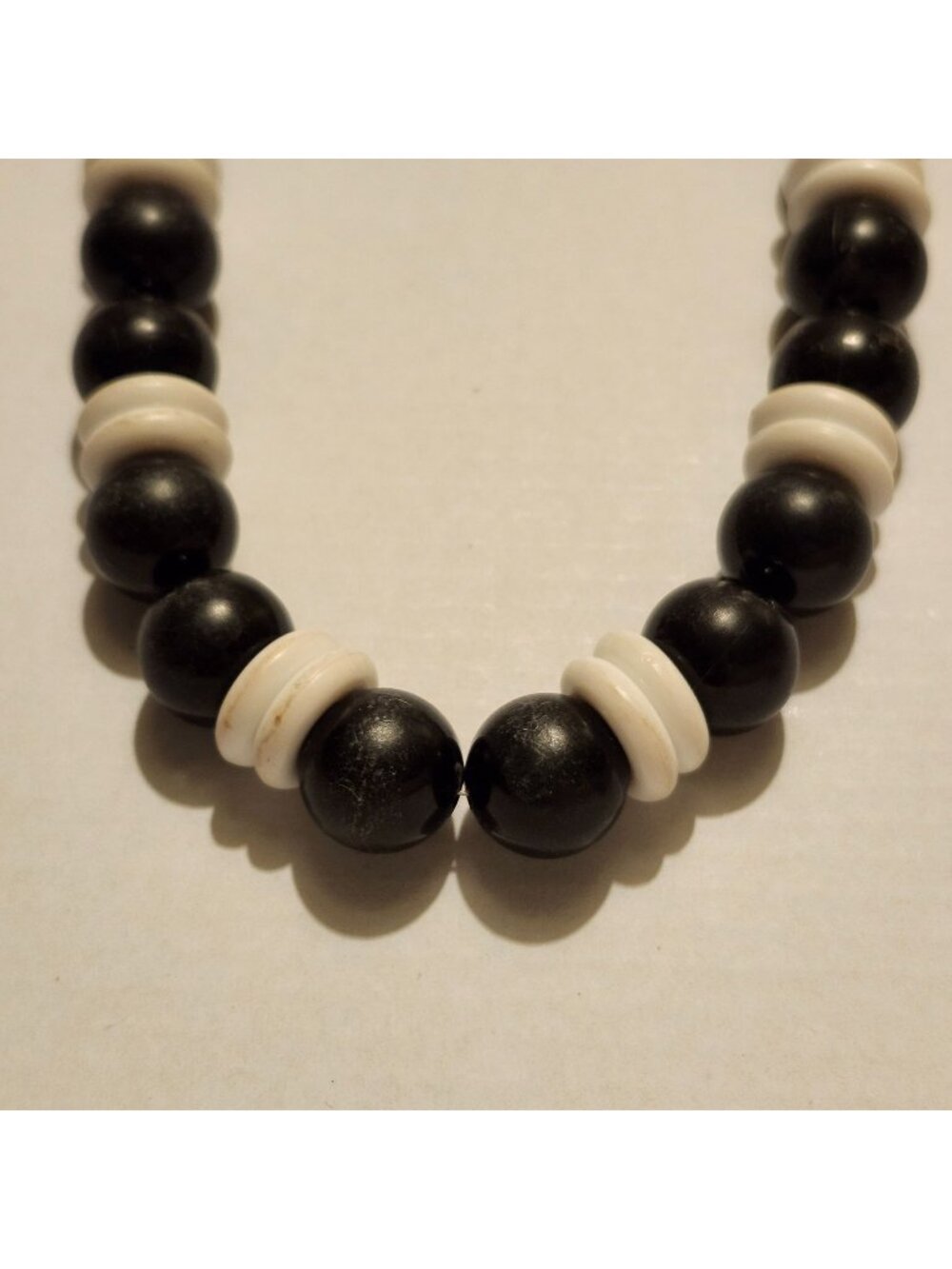 Vintage Chunky Beaded Necklace 16" 60's 70's Black and White